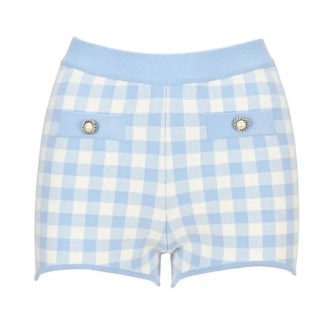 Allesandra Rich blue and white check knit short shorts size XS